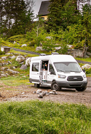 A white van surrounded by lush greenery.