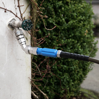 Aquor blue straight hose connector and hose connected to aquor faucet adapter.