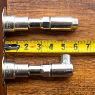 A photo showcasing that with a half inch elbow inlet, the overall length of the hydrant is shortened by half inch.