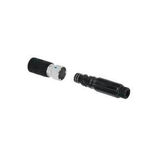 A product shot of the black hose adapter and straight connector.