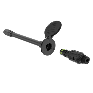 A side angled product shot of the Matte Black House Hydrant V1+ and the Wide Grip VB Hose Connector.