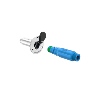 A side angled product shot of the marine deckwash and the straight hose connector