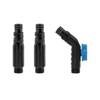 A product shot of two jet black straight hose connectors and one jet black removable faucet hose connector.
