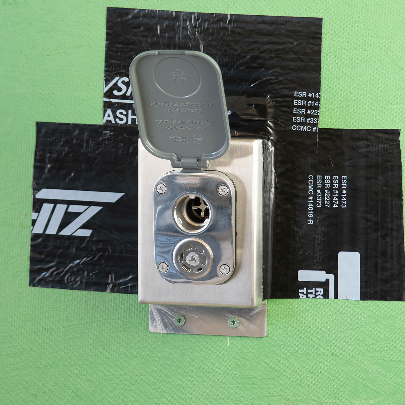 Aquor Stainless Steel Mounting Box V2+ 3" for House Hydrant V2+ installed on zip siding