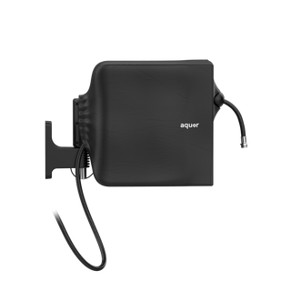 An Aquor wall-mounted retractable hose reel in a dark charcoal color, with black hose reel cover shown against a transparent background with its hoses visible.