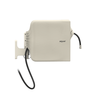 An Aquor wall-mounted retractable hose reel in a light cream color, with light hose reel cover shown against a transparent background with its hoses visible.