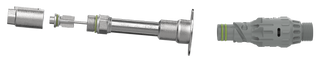 A product shot of the Aquor House Hydrant internals. From left to right, the half inch NPT inlet, the operating rod, the hydrant body, our wide grip vb hose connector.