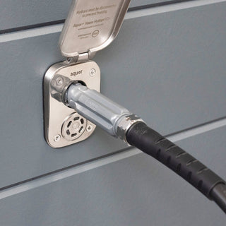 Slate gray straight hose connector connected to brushed stainless house hydrant v2+.