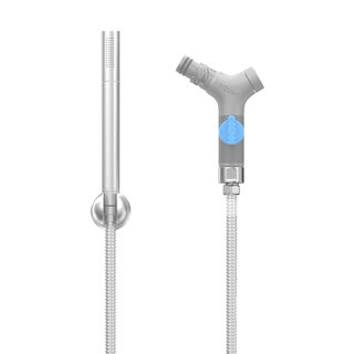 A product shot show how you might use the shower hose adapter to connect to an Aquor hydrant.