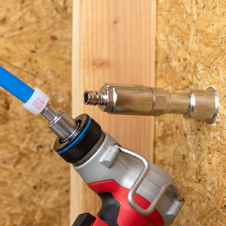 A PEX expander tool expanding PEX line to connect to a three-fourths PEX expansion inlet.