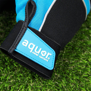 A close up shot of the Aquor logo on the utility gloves.