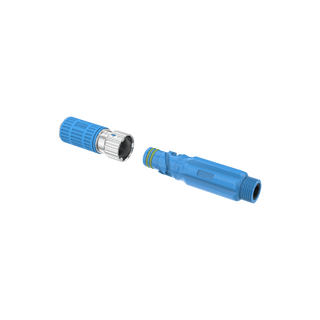 A product shot of the blue hose adapter and straight connector.