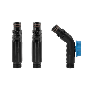A product shot of two jet black straight hose connectors and one jet black removable faucet hose connector. 