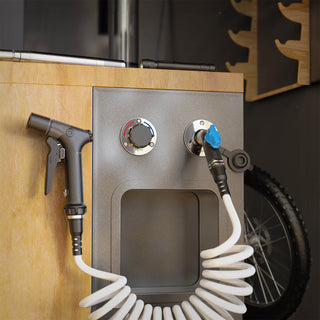 Aquor Coil Hose in white with Utility Spray Nozzle, Mixing Valve for RV and Marine, and RV City Water Inlet