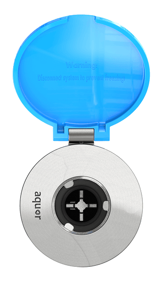 A product shot of the aquor blue ground hydrant faceplate with the open cover.