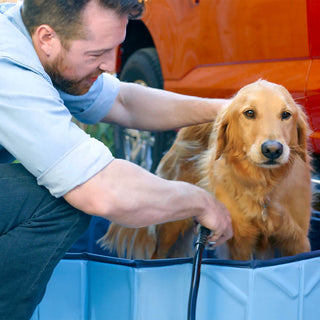 A man giving his dog a bath outside. 
